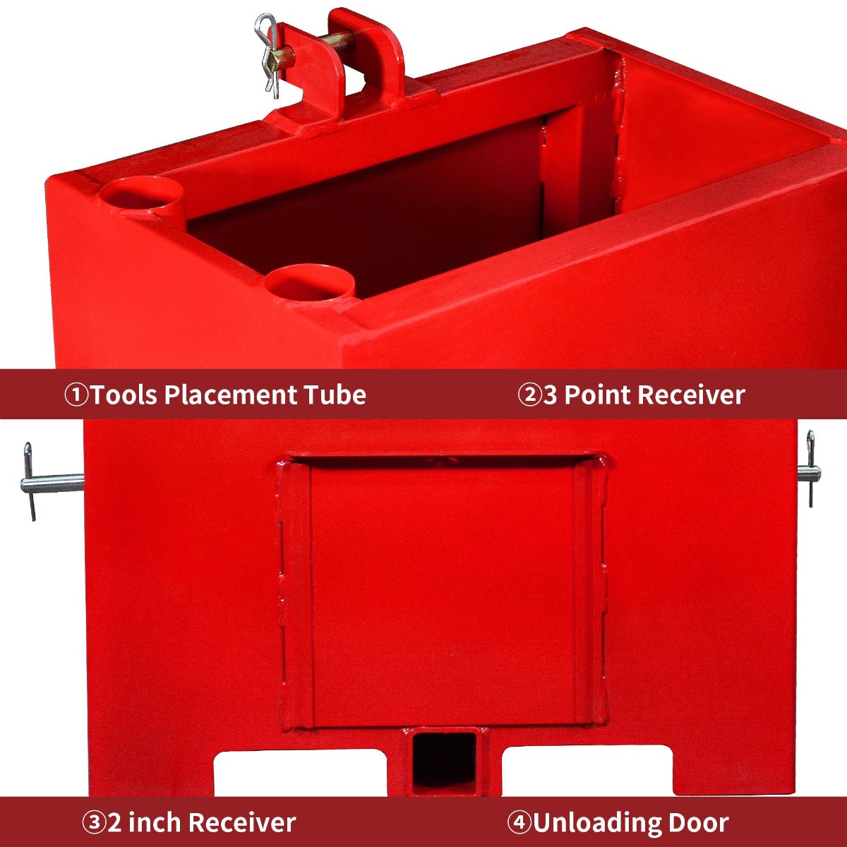 Side view of YITAMOTOR® 3 Point Hitch Ballast Box, 800 lbs Tractor Ballast Box with 2'' Quick Hitch Receiver for 3 Point Category 1 Tractors, Loaders and Skid Stee
