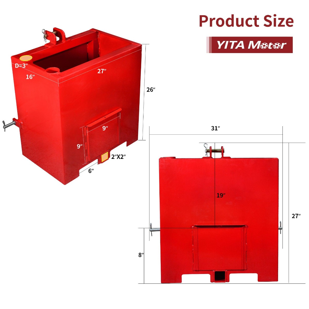 Side view of YITAMOTOR® 3 Point Hitch Ballast Box, 800 lbs Tractor Ballast Box with 2'' Quick Hitch Receiver for 3 Point Category 1 Tractors, Loaders and Skid Stee