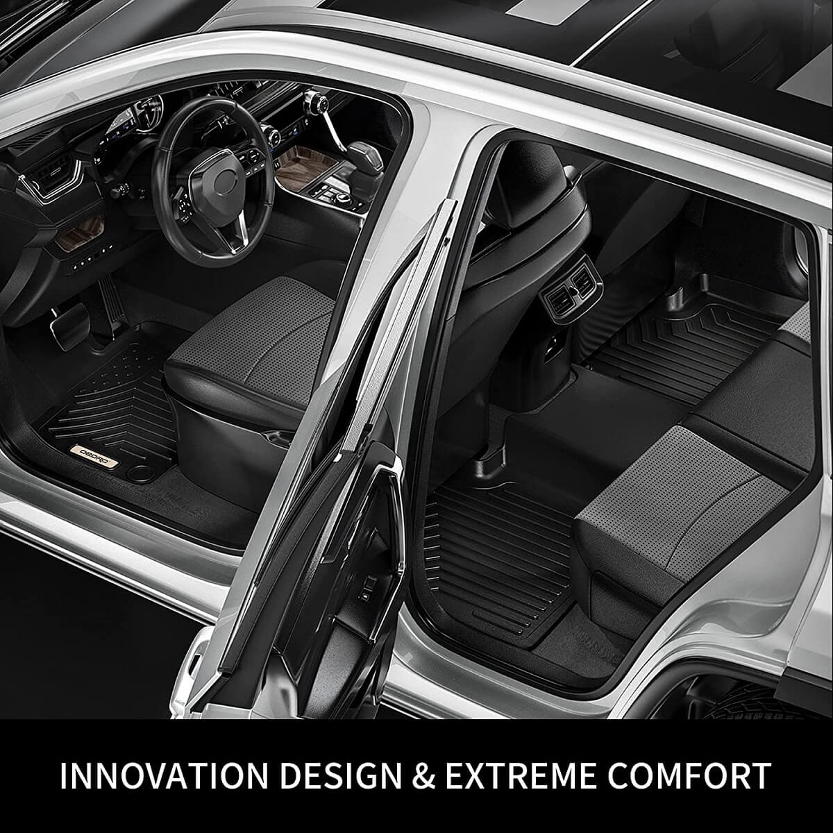 Side view of OEDRO Floor Mats for 2014-2021 Toyota Tundra CrewMax Cab with Coverage Under 2nd Row Seat, All Weather Guard Full Set Liners