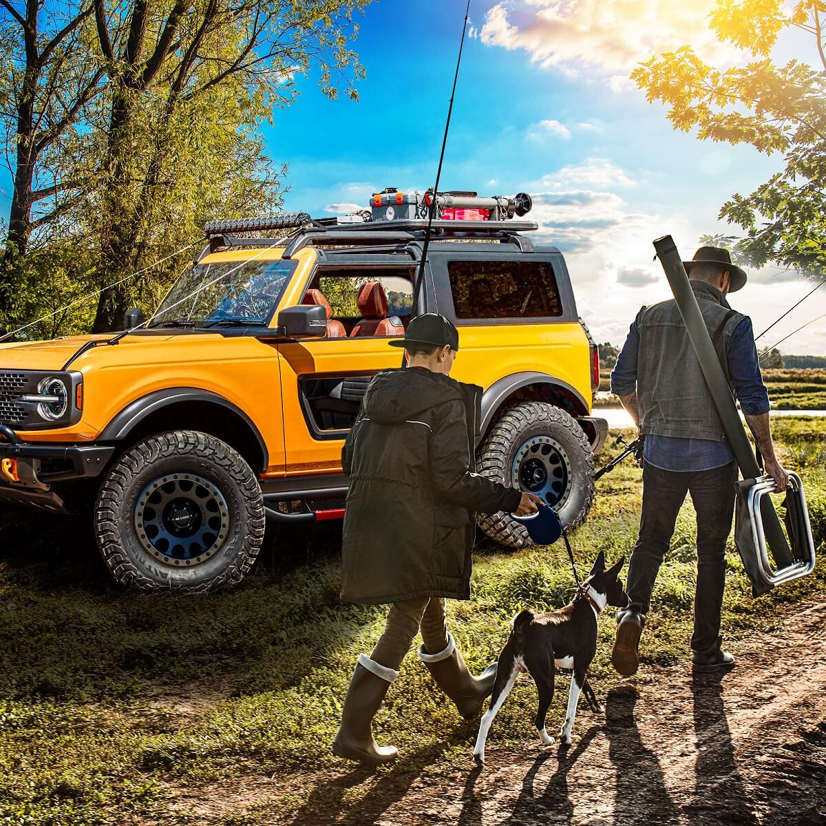 Side view of OEDRO® Running Boards Drop Side Steps for 2021-2024 Ford Bronco 2 Door, All Steel Nerf Bar Red Paintable Step Plates