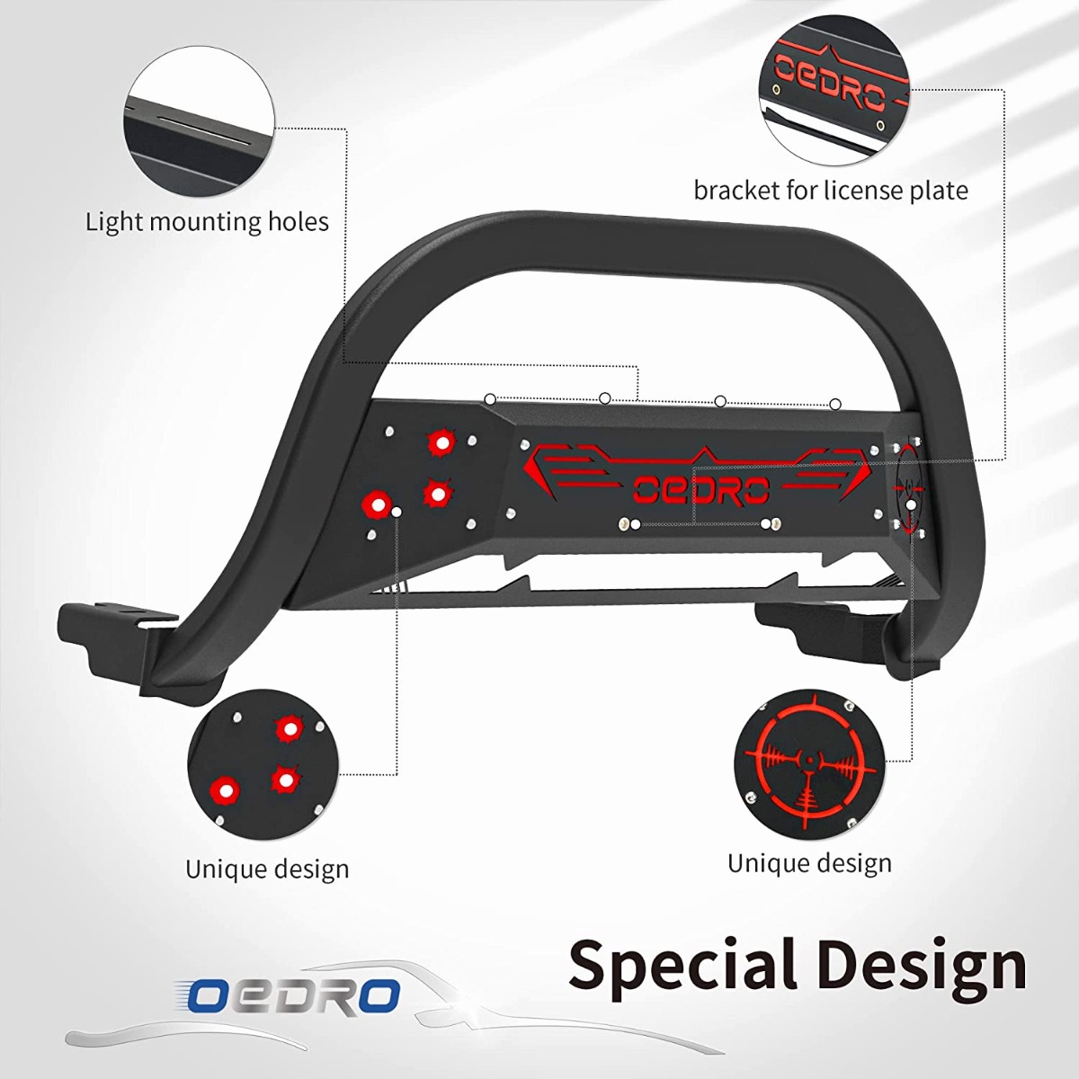 Side view of OEDRO® Bull Bar for 2004-2023 Ford F150, Bumper Grille Guard w/Red and Black Skid Plate Light Mount
