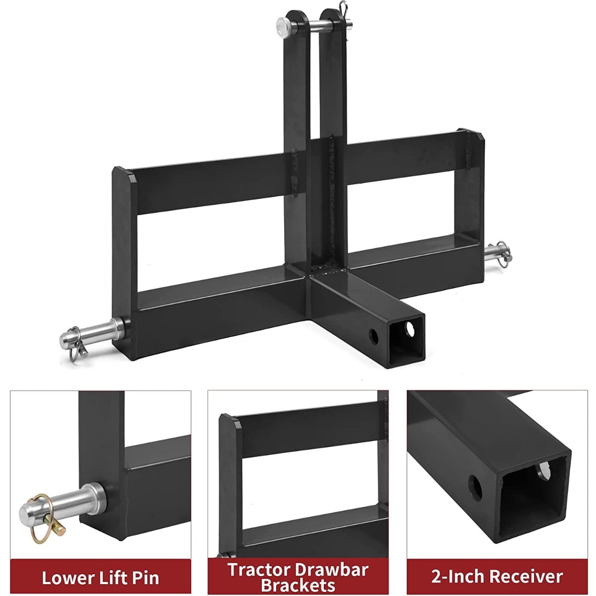 Side view of YITAMOTOR® 3 Point Hitch Receiver for Category 1, 2" Trailer Receiver Tractor Drawbar Attachments with Suitcase Weight Brackets