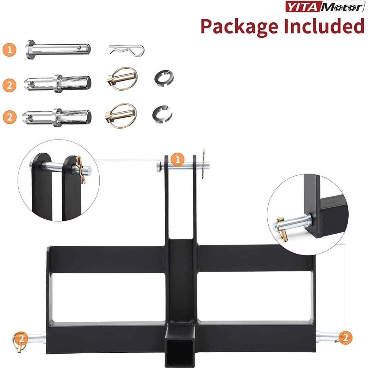 Side view of YITAMOTOR® 3 Point Hitch Receiver for Category 1, 2" Trailer Receiver Tractor Drawbar Attachments with Suitcase Weight Brackets