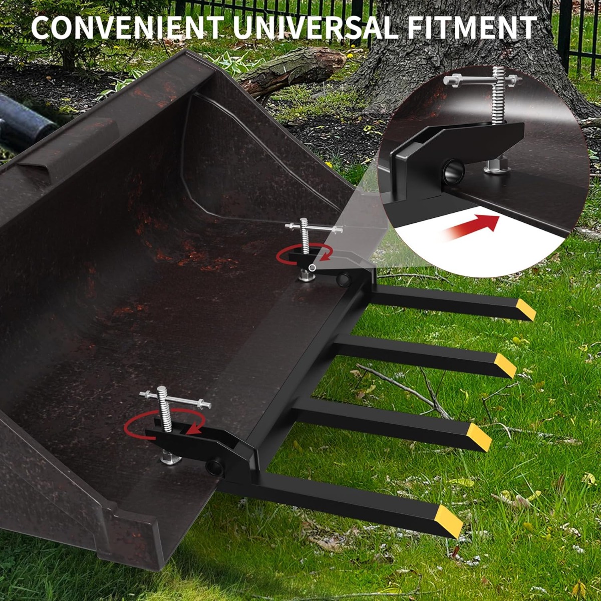 Side view of YITAMOTOR 42" Clamp-On Debris/Pallet Forks, 2500 lb Capacity | Fits Loader Buckets for Skid Steer & Tractor