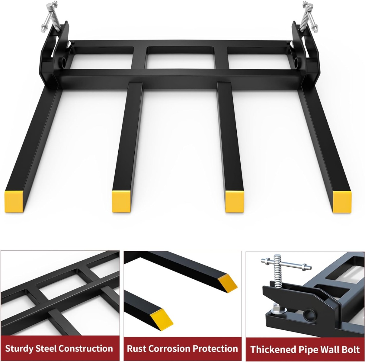 Side view of YITAMOTOR 42" Clamp-On Debris/Pallet Forks, 2500 lb Capacity | Fits Loader Buckets for Skid Steer & Tractor