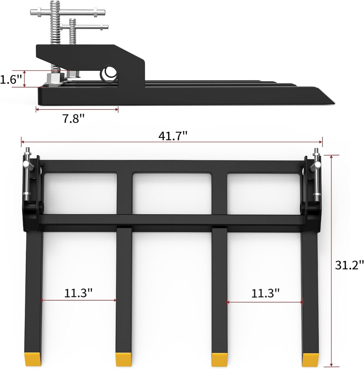 Side view of YITAMOTOR 42" Clamp-On Debris/Pallet Forks, 2500 lb Capacity | Fits Loader Buckets for Skid Steer & Tractor