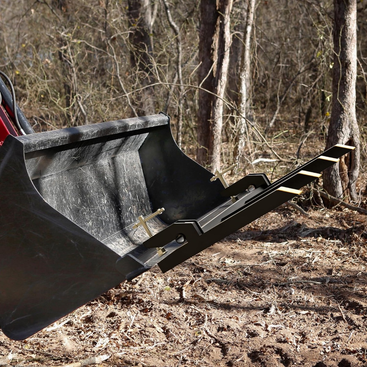 Side view of YITAMOTOR 42" Clamp-On Debris/Pallet Forks, 2500 lb Capacity | Fits Loader Buckets for Skid Steer & Tractor