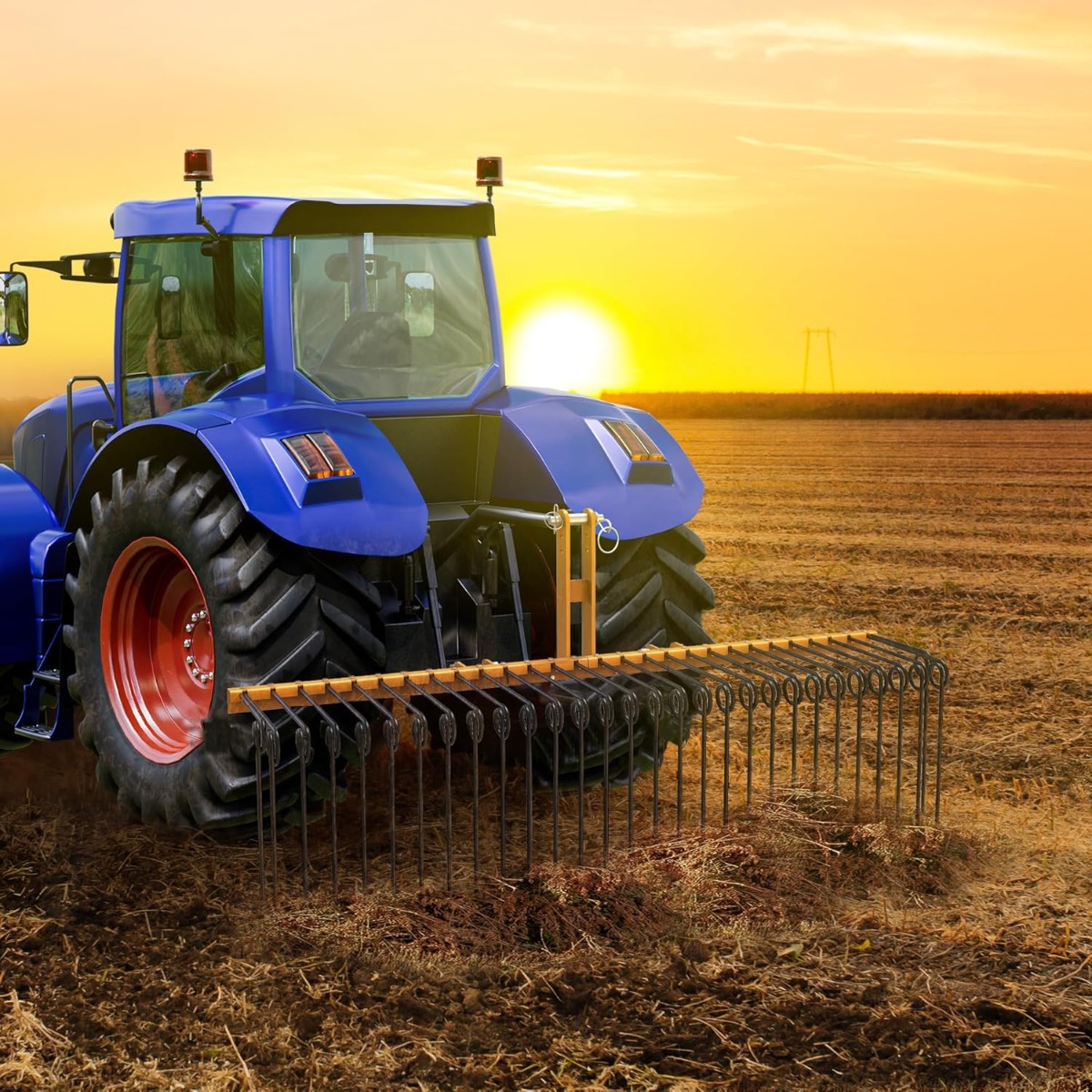 Side view of YITAMOTOR® 72" Durable Powder Coated Steel Pine Straw Rake Steel Spring Landscape Rake Attaches to Cat 0 Cat 1,3 Point Hitch for Tractor, Yellow