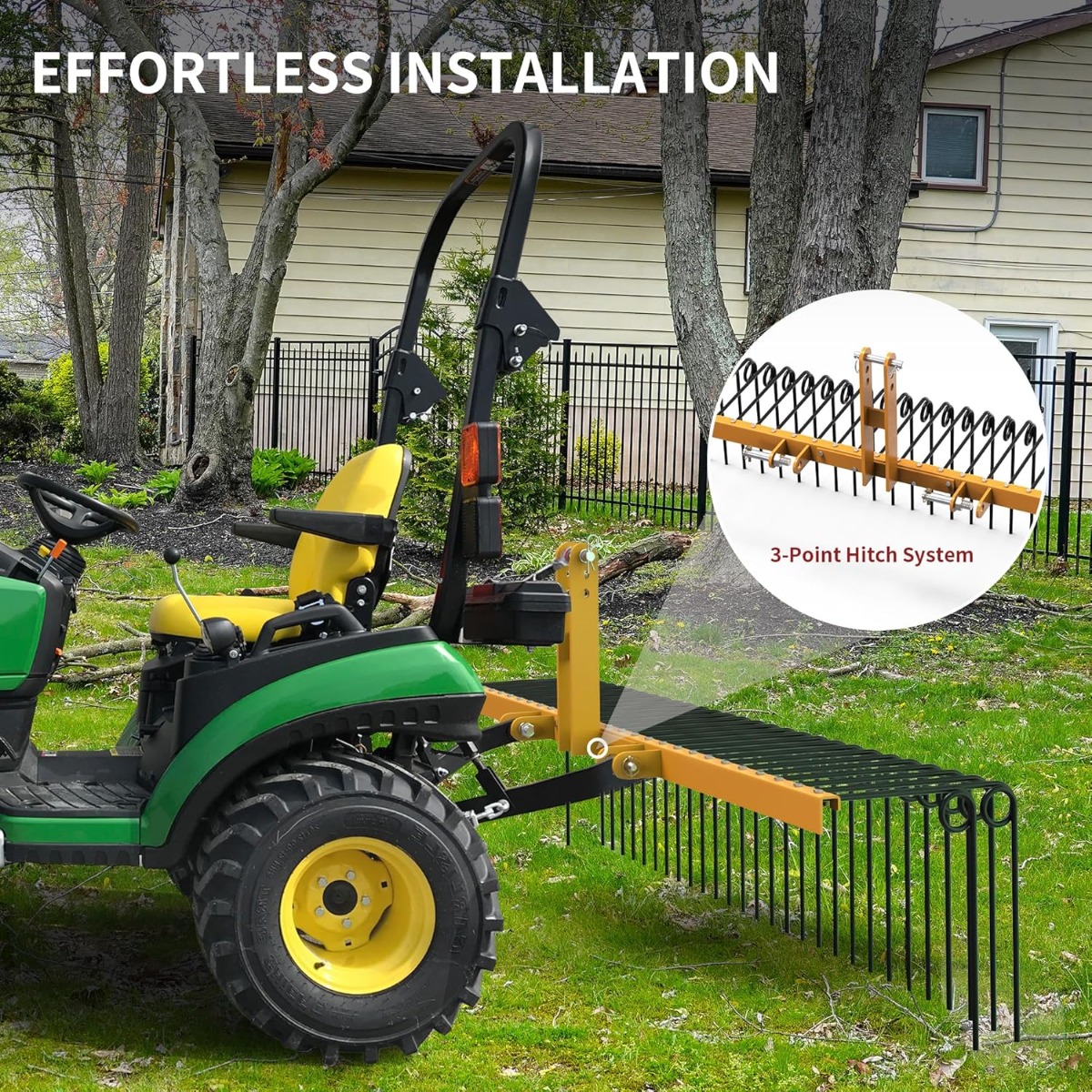 Side view of YITAMOTOR® 72" Durable Powder Coated Steel Pine Straw Rake Steel Spring Landscape Rake Attaches to Cat 0 Cat 1,3 Point Hitch for Tractor, Yellow