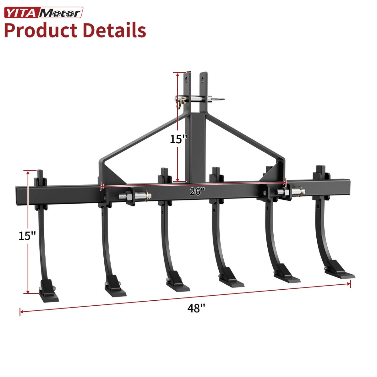 Side view of YITAMOTOR® Detachable Scarifier Cultivator W/ 6 Shank & Mount Brackets for CAT-0 & Cat 1