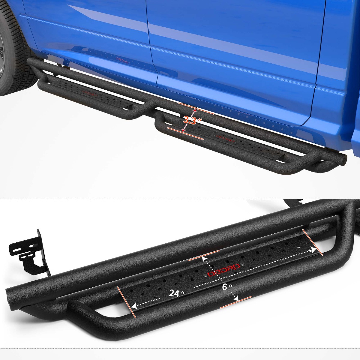 Side view of OEDRO Running Boards for 2009-2018 Dodge Ram 1500, 2019-2023 1500 Classic, 2010-2022 2500/3500 Crew Cab