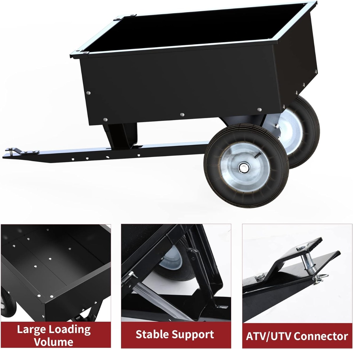 Side view of YITAMOTOR® 350LB 8 Cubic Feet Steel Dump Cart ATV/UTV Trailer Tow Behind Lawn Black