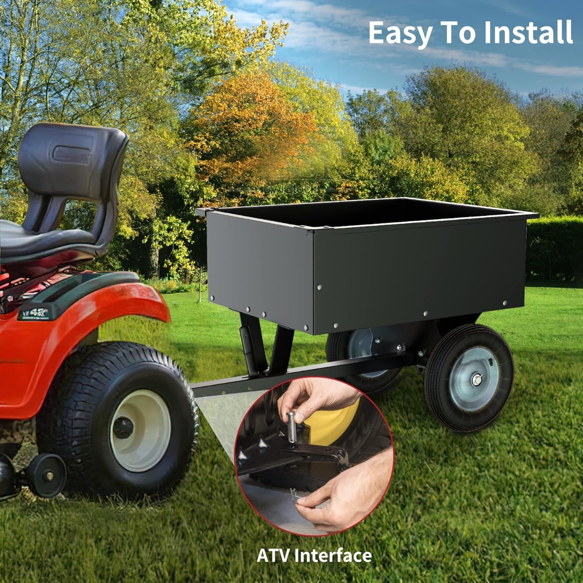 Side view of YITAMOTOR® 350LB 8 Cubic Feet Steel Dump Cart ATV/UTV Trailer Tow Behind Lawn Black