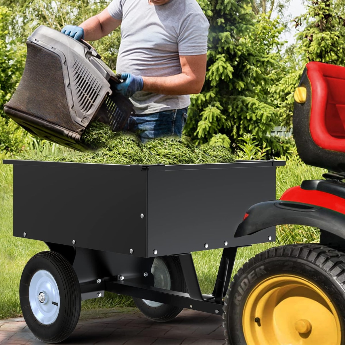 Side view of YITAMOTOR® 350LB 8 Cubic Feet Steel Dump Cart ATV/UTV Trailer Tow Behind Lawn Black