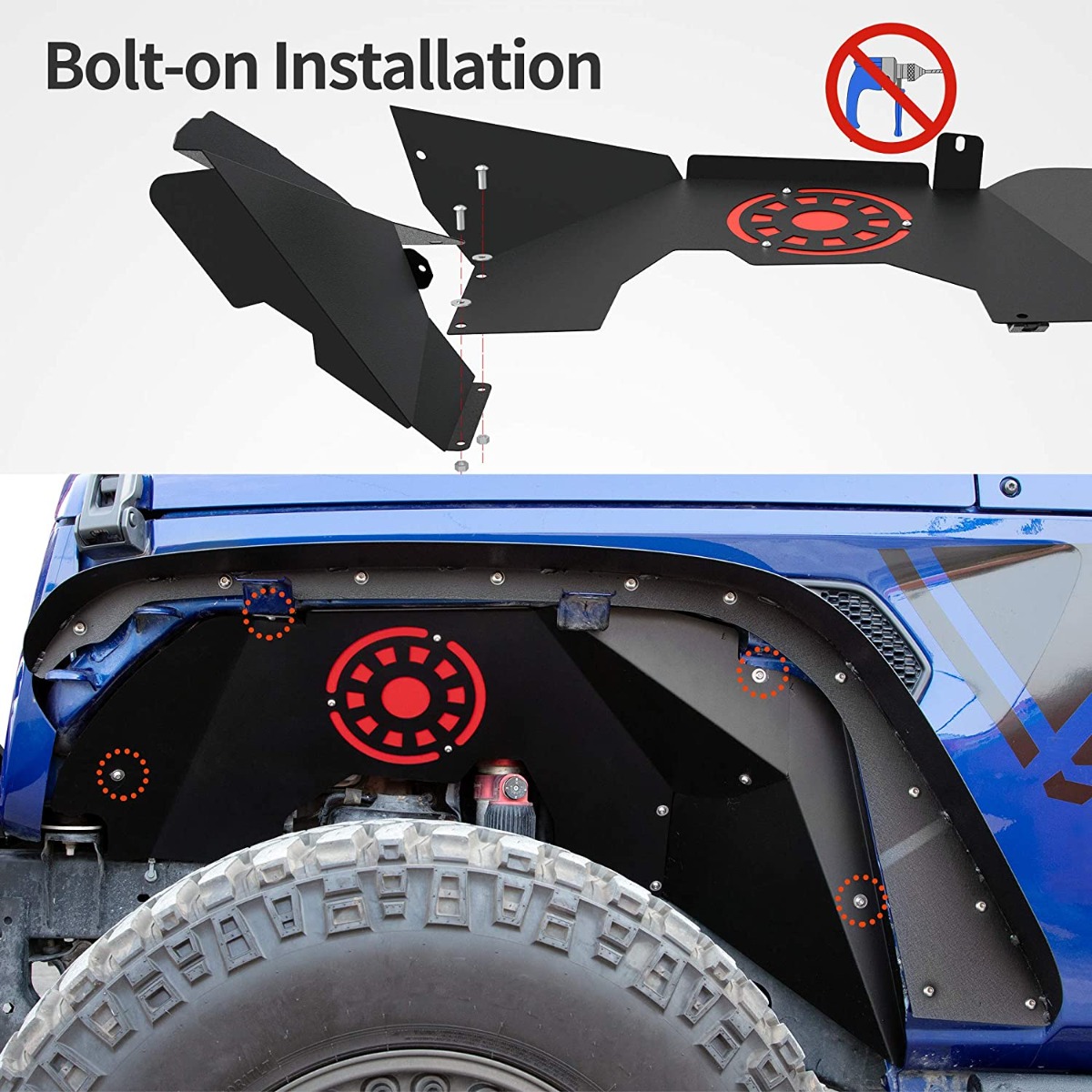 Side view of OEDRO Front Inner Fender Flares for 2018-2026 Jeep Wrangler JL & JLU Unlimited 2 & 4 Door, Offroad Bolt-on Style Steel Fender Flares