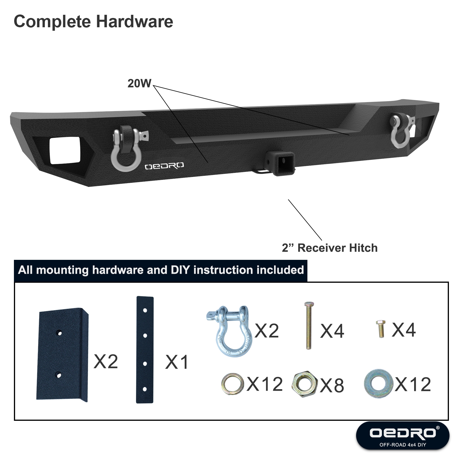 Side view of OEDRO Rear Bumper for 1987-2006 Jeep Wrangler TJ & LJ & YJ, Rock Crawler with Hitch Receiver, LED Lights & D-Rings