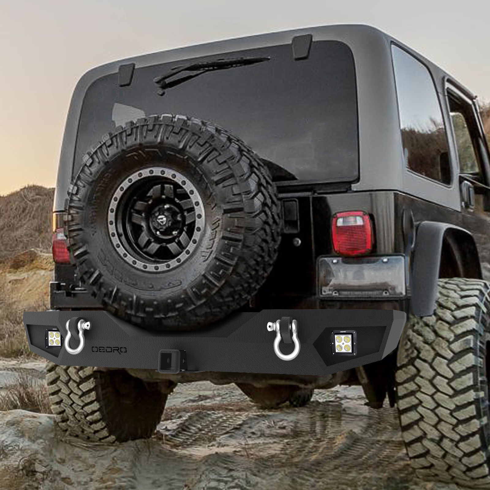 Side view of OEDRO Rear Bumper for 1987-2006 Jeep Wrangler TJ & LJ & YJ, Rock Crawler with Hitch Receiver, LED Lights & D-Rings