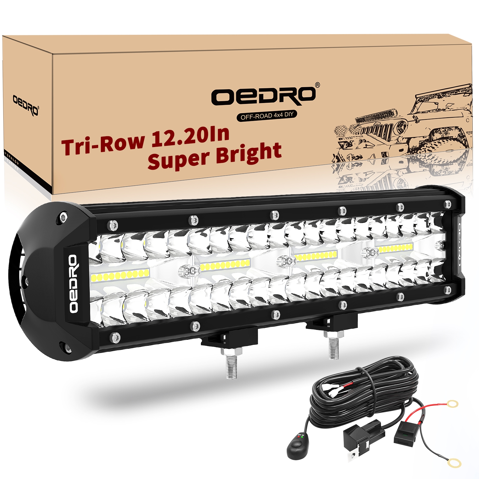OEDRO 12"" 360W 25200LM Tri-Rows LED Light Bar + Wiring Harness