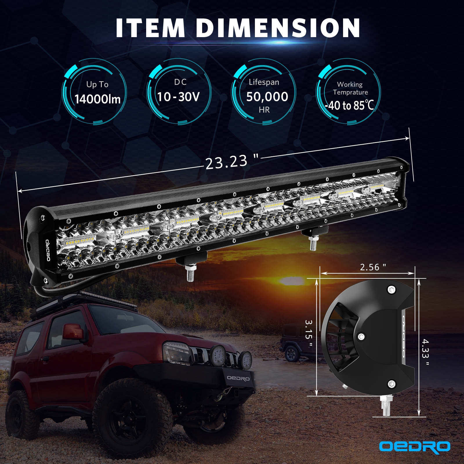 Side view of OEDRO 23" 620W 43400LM Tri-Row LED Light Bar with Wiring Harness