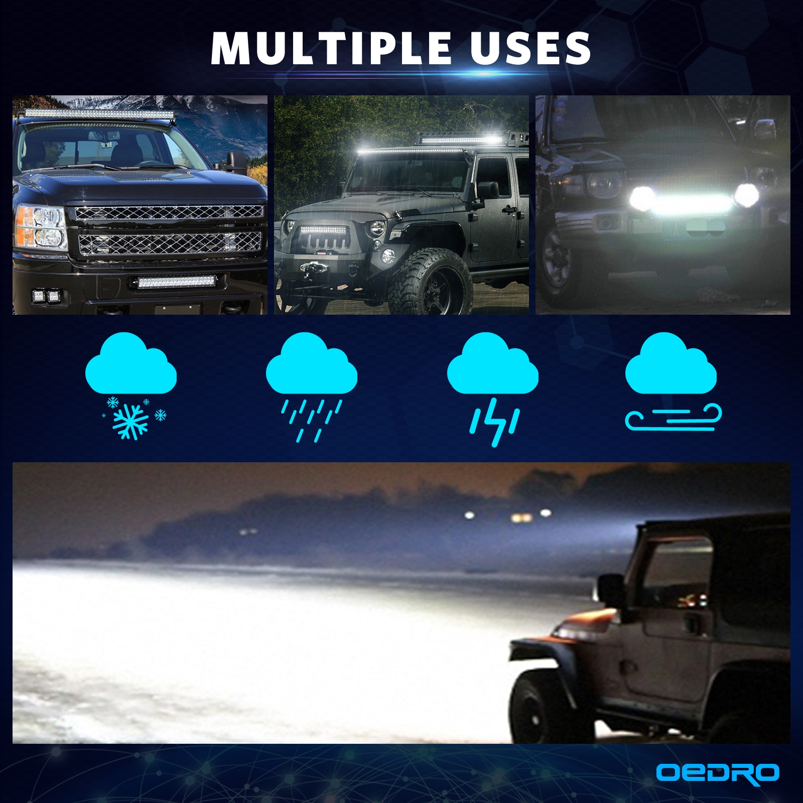 Side view of OEDRO 23" 620W 43400LM Tri-Row LED Light Bar with Wiring Harness