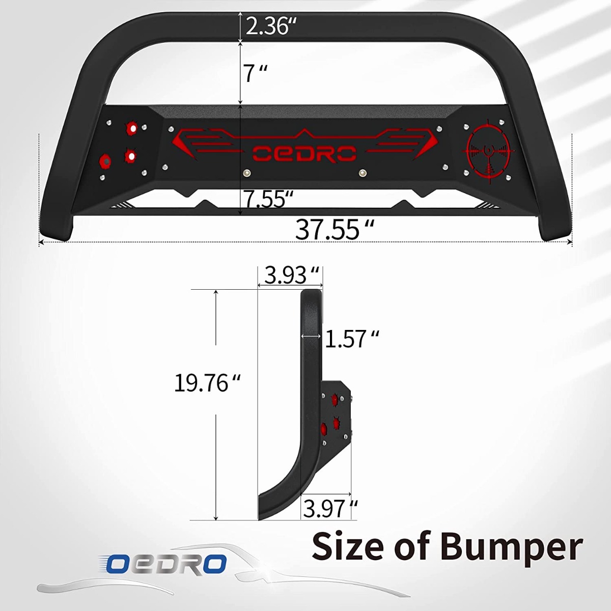 Side view of OEDRO® Bull Bar for 2004-2023 Ford F150, Bumper Grille Guard w/Red and Black Skid Plate Light Mount