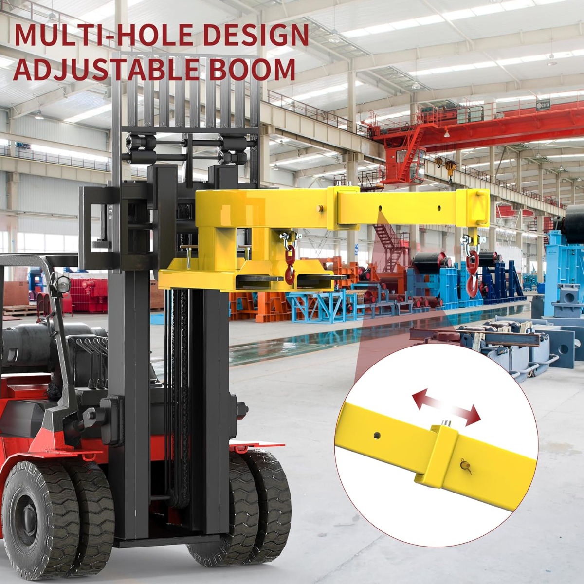 Side view of YITAMOTOR® Fork Mounted Telescoping Crane Jib Boom 5500lb Lift Capacity, Manual Telescopes 31in-79in for Warehouse or Factories