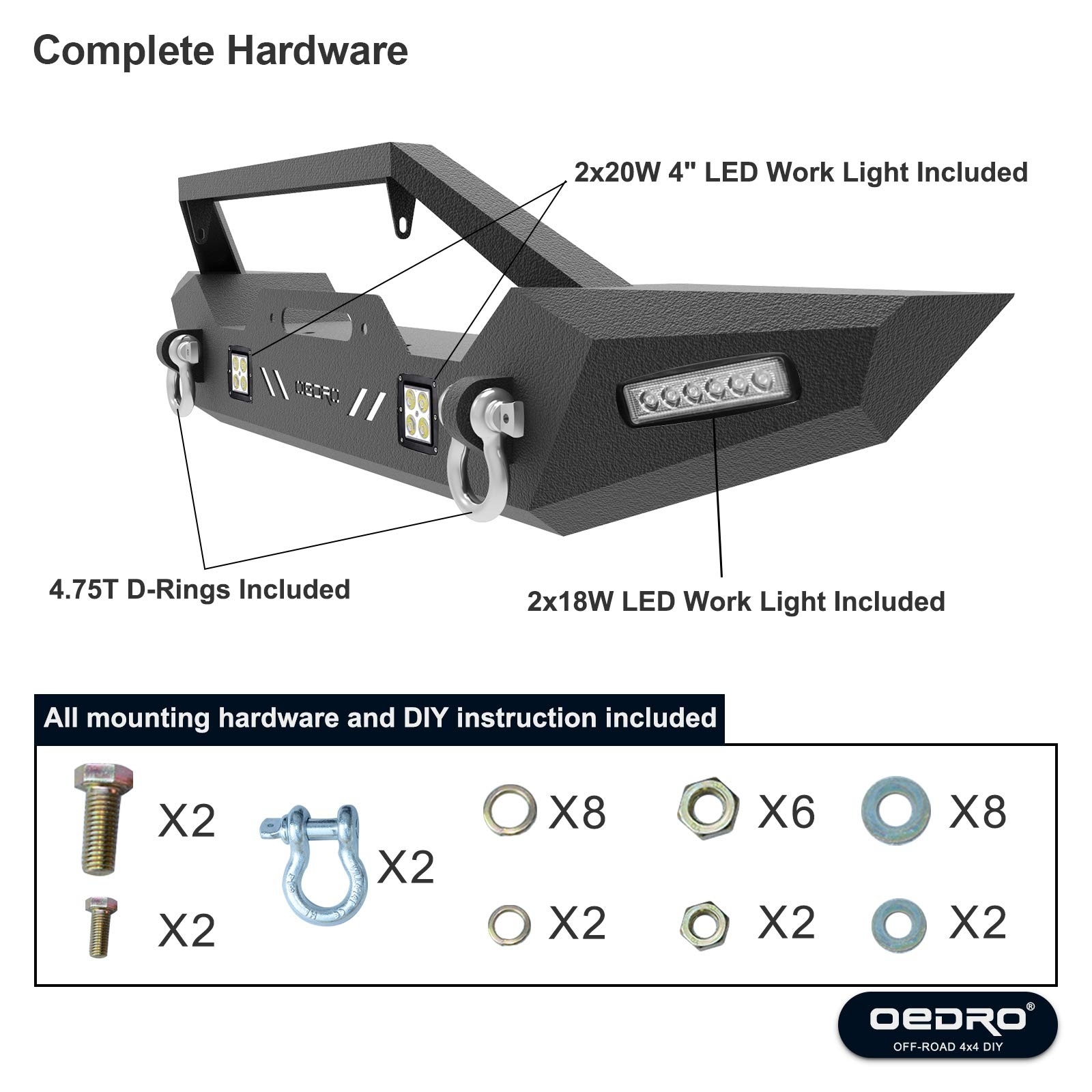 Side view of OEDRO Front Rear Bumper for 1987-2006 Jeep Wrangler TJ & YJ, with Hitch Receiver, Winch Plate & 6xLED Lights & 2xD-Rings