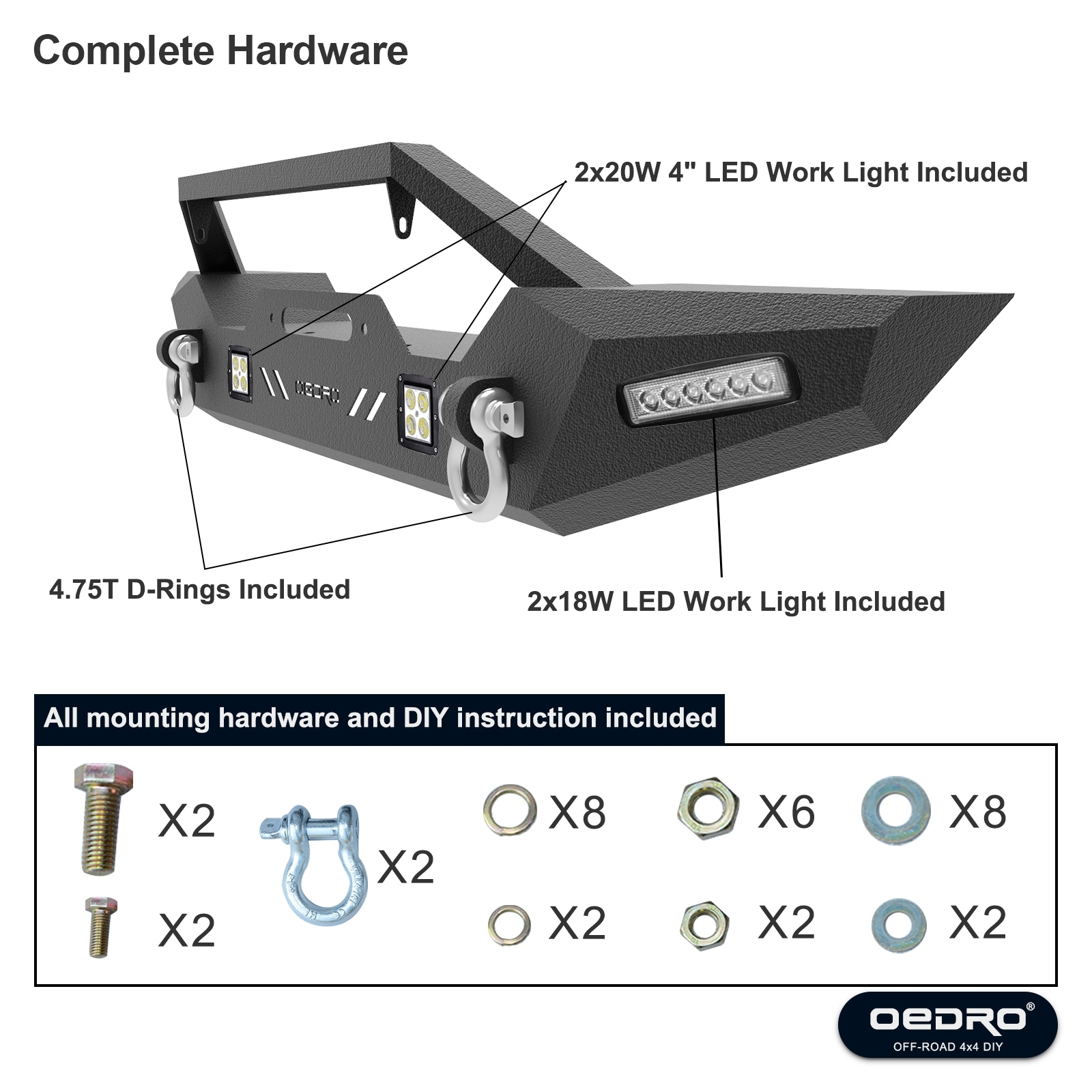 Side view of OEDRO Front Rear Bumper for 2007-2018 Jeep Wrangler JK, with Hitch Receiver & 6 x LED Lights & 2 x D-Rings