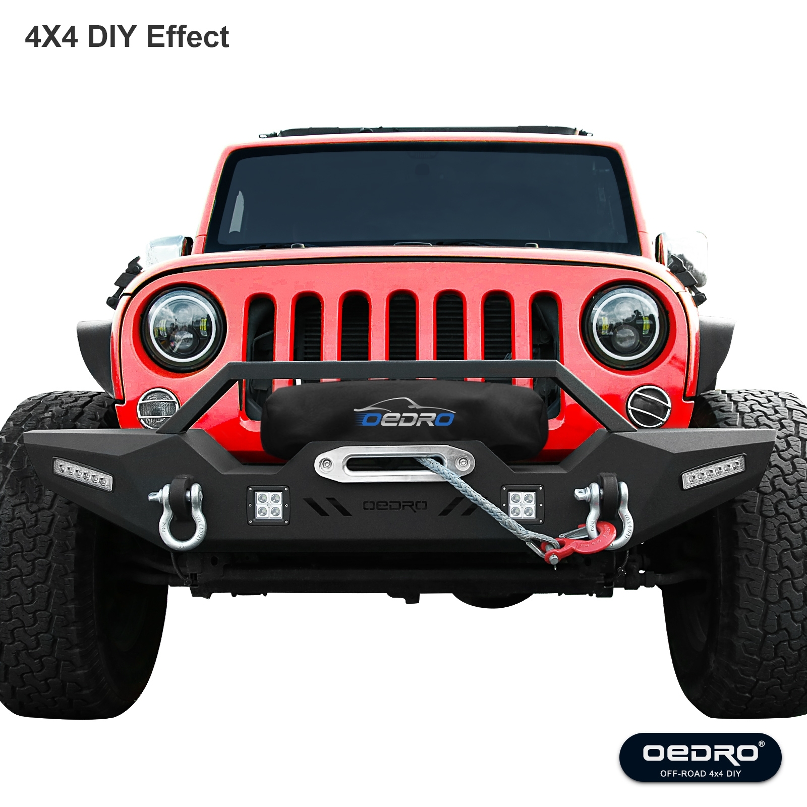 Side view of OEDRO Front Rear Bumper for 2007-2018 Jeep Wrangler JK, with Hitch Receiver & 6 x LED Lights & 2 x D-Rings