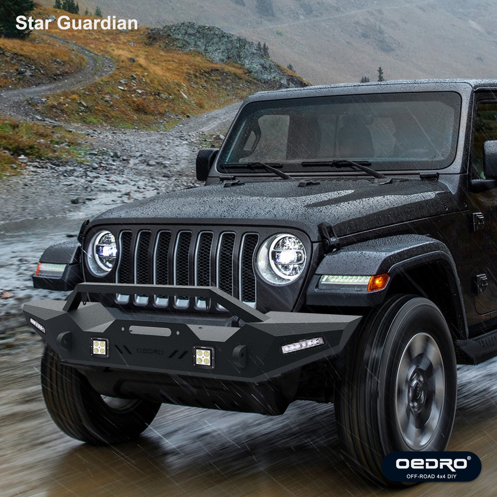Side view of OEDRO Front Rear Bumper for 1987-2006 Jeep Wrangler TJ & YJ, with Hitch Receiver, Winch Plate & 6xLED Lights & 2xD-Rings