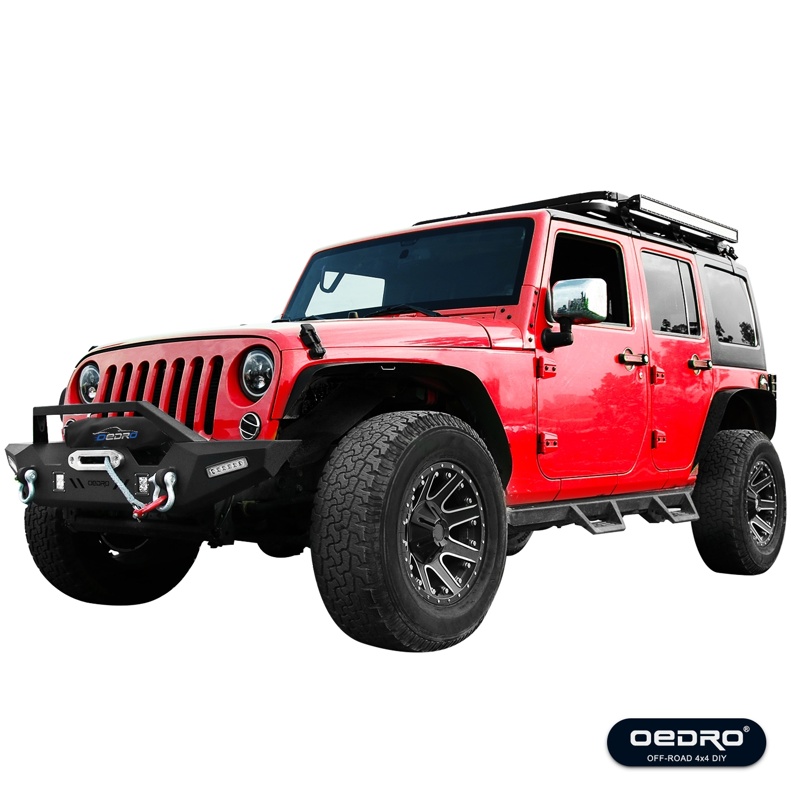 Side view of OEDRO Front Rear Bumper for 2007-2018 Jeep Wrangler JK, with Hitch Receiver & 6 x LED Lights & 2 x D-Rings