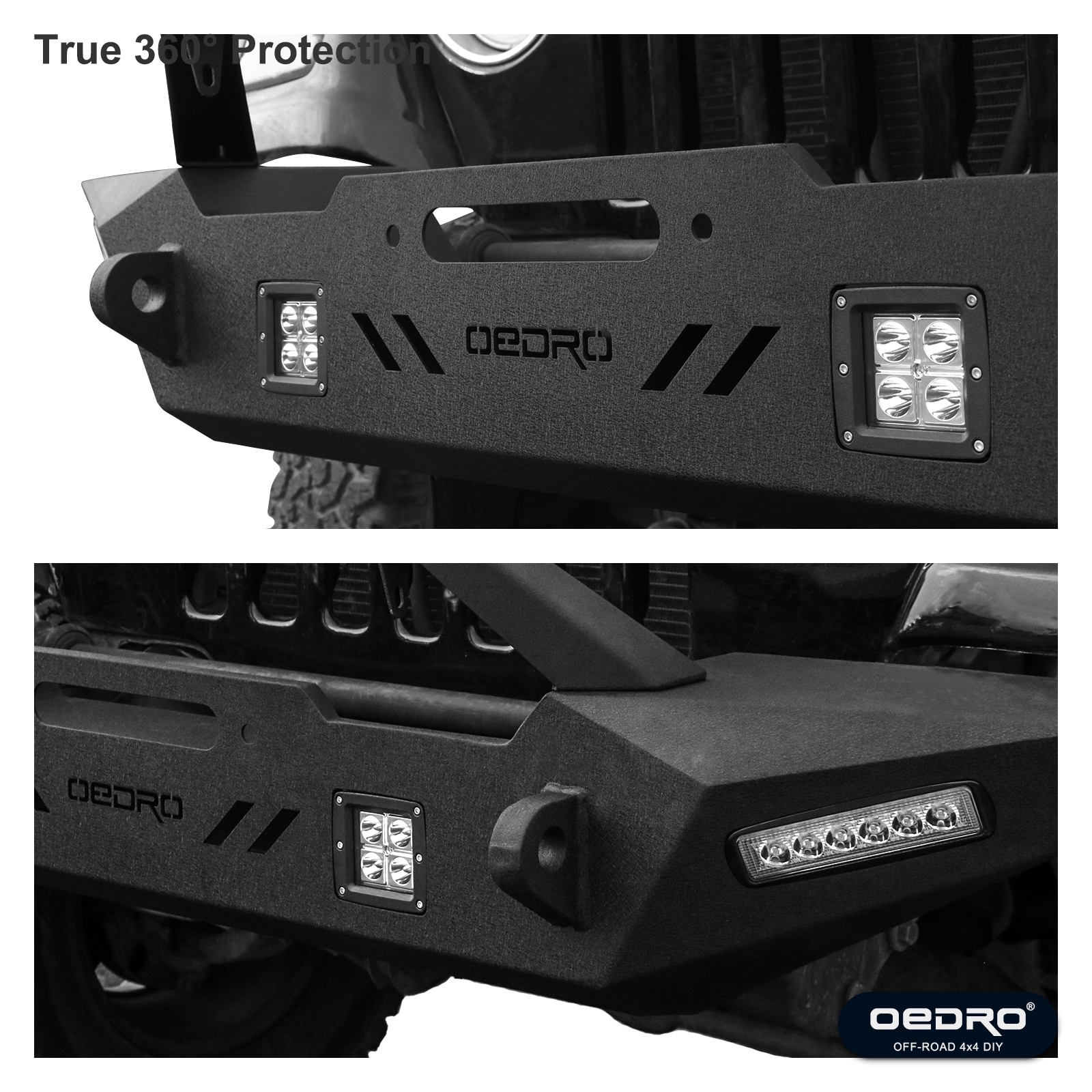 Side view of OEDRO Front Rear Bumper for 1987-2006 Jeep Wrangler TJ & YJ, with Hitch Receiver, Winch Plate & 6xLED Lights & 2xD-Rings