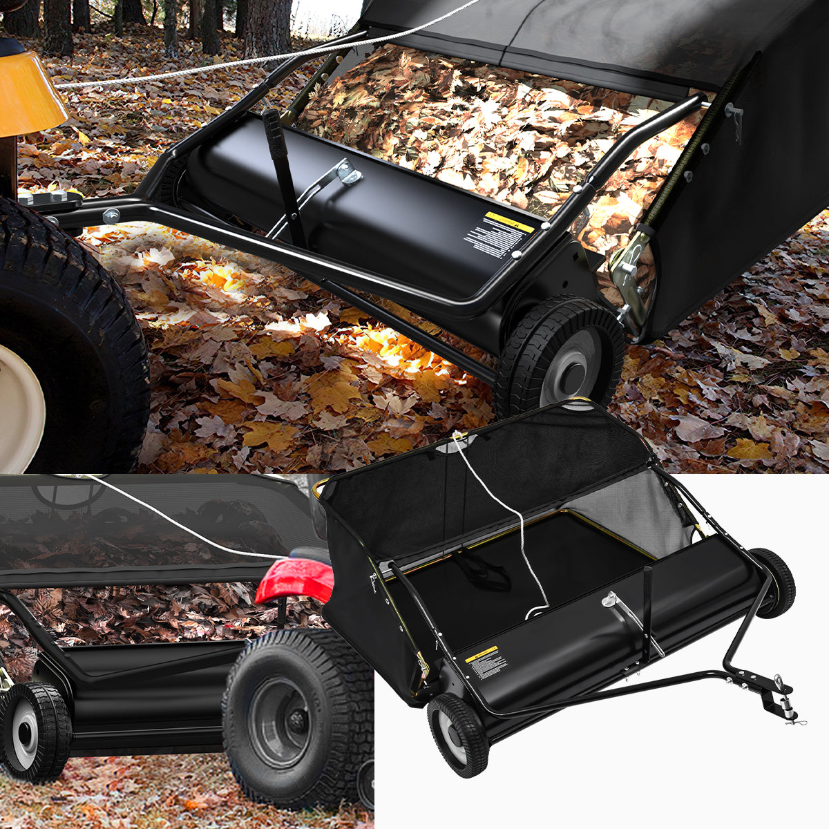 Side view of YITAMOTOR® 48" Tow Behind Lawn Sweeper Leaf Collector Sweeper for Lawn