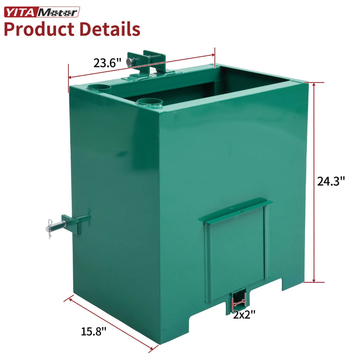 Side view of YITAMOTOR® Ballast Box 3 Point Hitch Counterweight for Category 1 Tractor Attachment Green