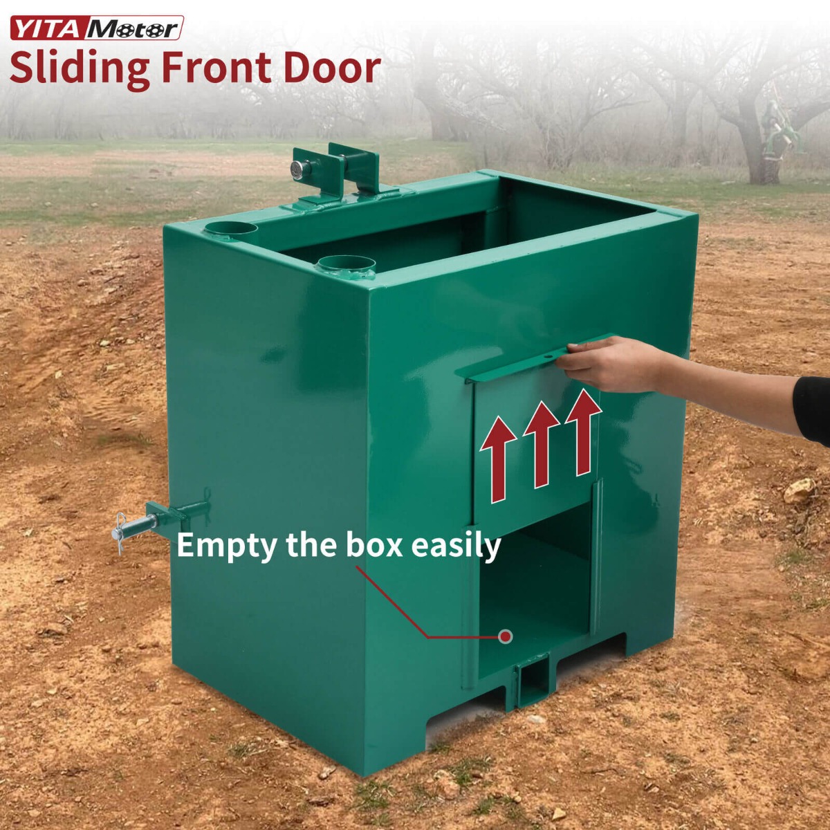 Side view of YITAMOTOR® Ballast Box 3 Point Hitch Counterweight for Category 1 Tractor Attachment Green