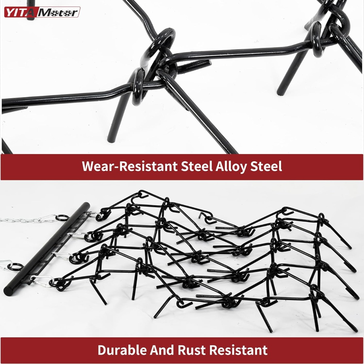 Side view of YITAMOTOR® Heavy Duty Drag Harrow 4'W x 4'L, 3/8in Tines for ATV, UTVs, Lawn Tractors Leveling, Grading, Pastures, Breaking up Soil