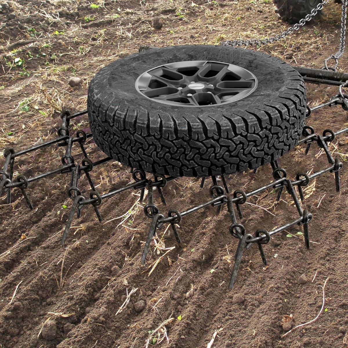 Side view of YITAMOTOR® Heavy Duty Drag Harrow 4'W x 4'L, 3/8in Tines for ATV, UTVs, Lawn Tractors Leveling, Grading, Pastures, Breaking up Soil