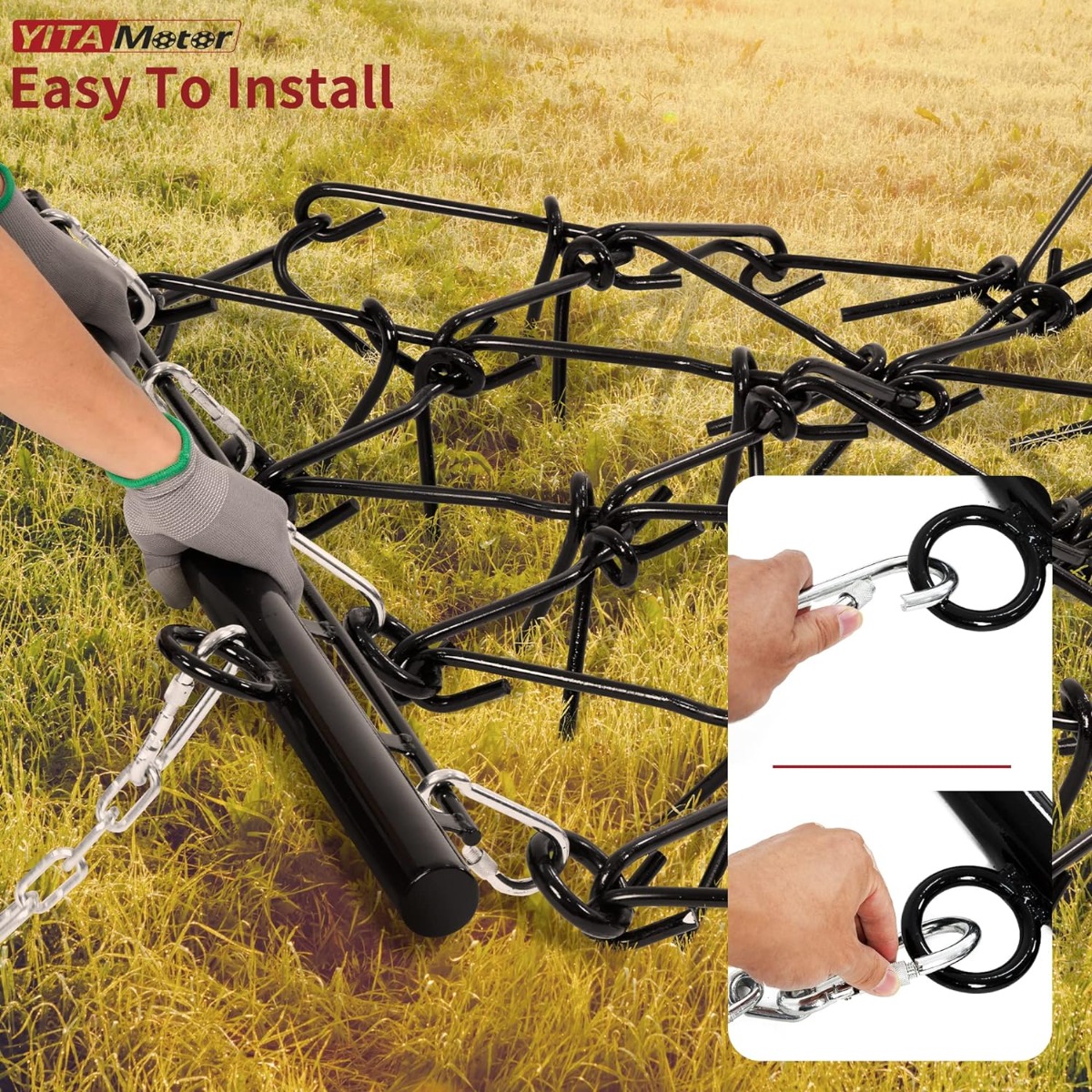 Side view of YITAMOTOR® Heavy Duty Drag Harrow 4'W x 4'L, 3/8in Tines for ATV, UTVs, Lawn Tractors Leveling, Grading, Pastures, Breaking up Soil