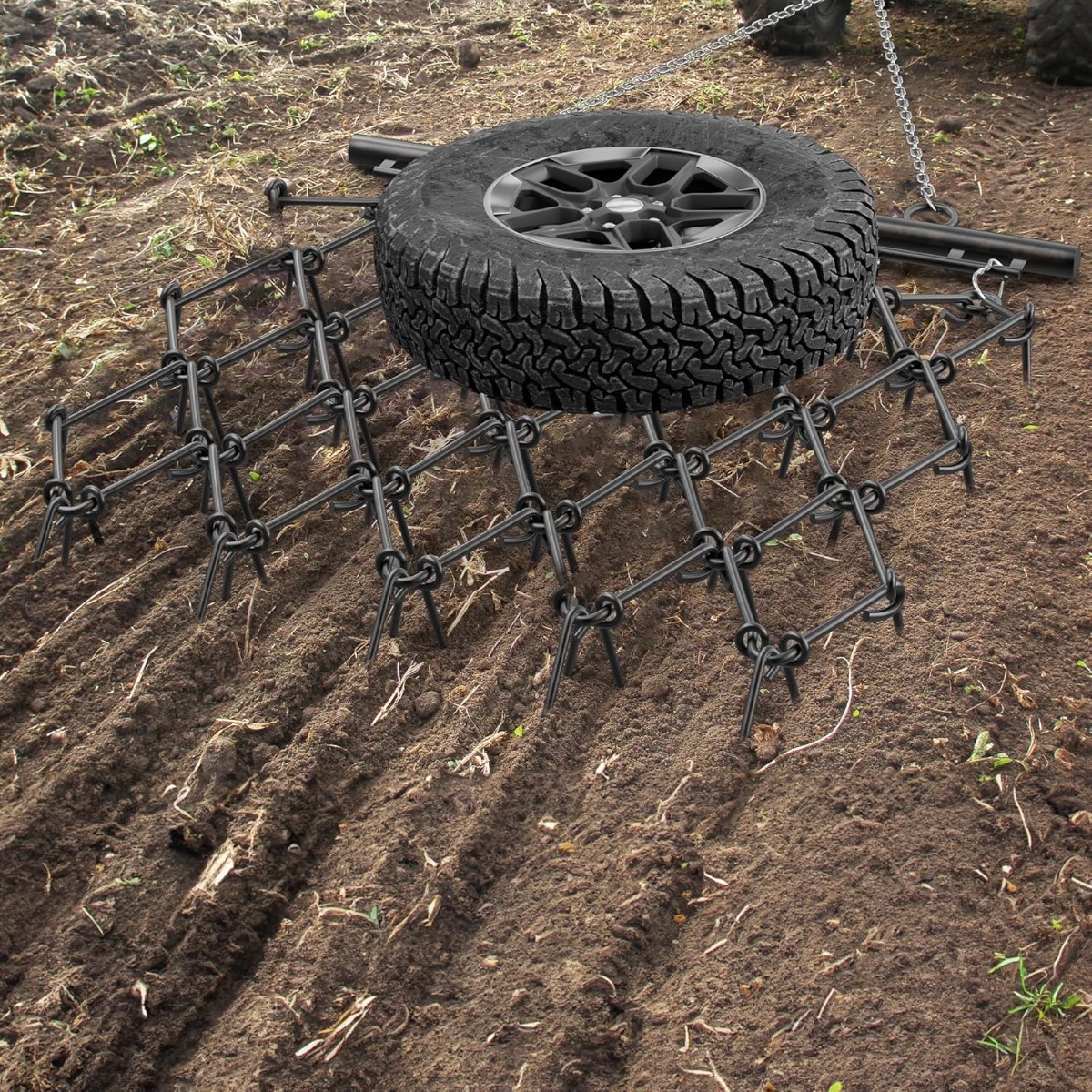 Side view of YITAMOTOR® 5 x 4.5 FT Heavy Duty Drag Harrow 1/2" Tines for ATV, UTVs, Lawn Tractors Leveling, Grading, Pastures, Breaking up Soil, BLACK