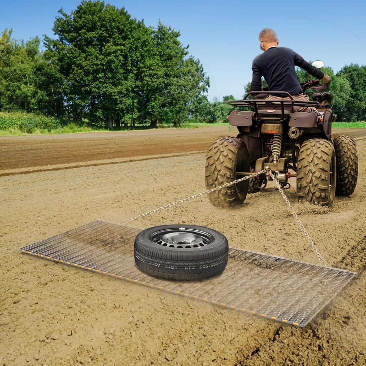 Side view of YITAMOTOR® ATV UTV 6 x 3 Feet Heavy Duty Durable Drag Mat Zinc and Steel Mesh Field Surface Leveling Drag Mat for Manual or Vehicle Pulling