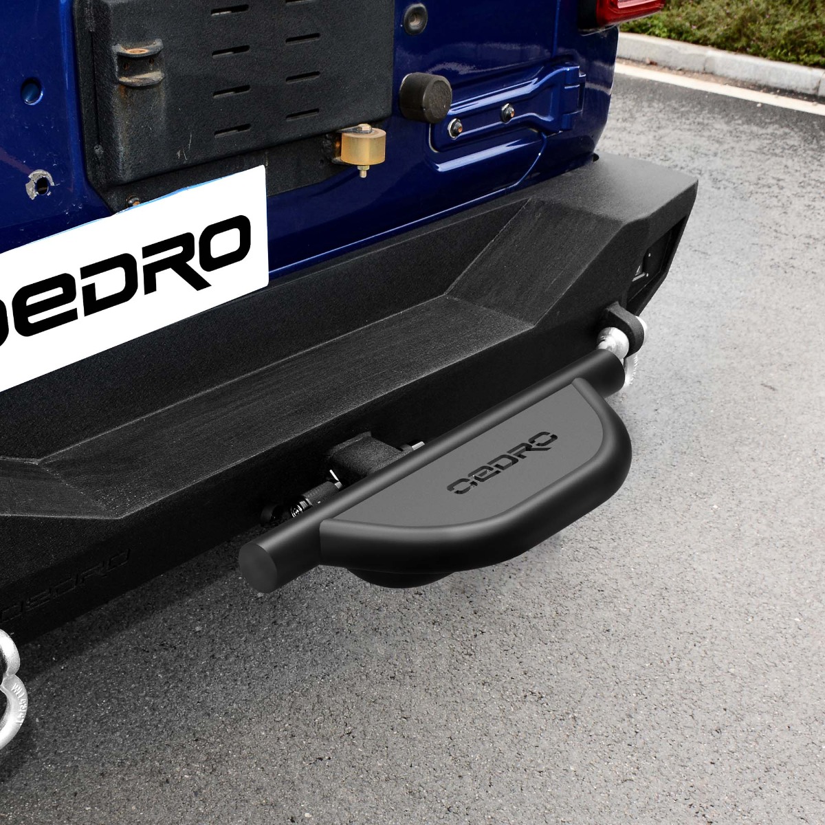 Side view of OEDRO Hitch Step with 2" Hitch Receiver Rear Bumper Guard Protector Upgraded Textured Black Hitch Step Bar