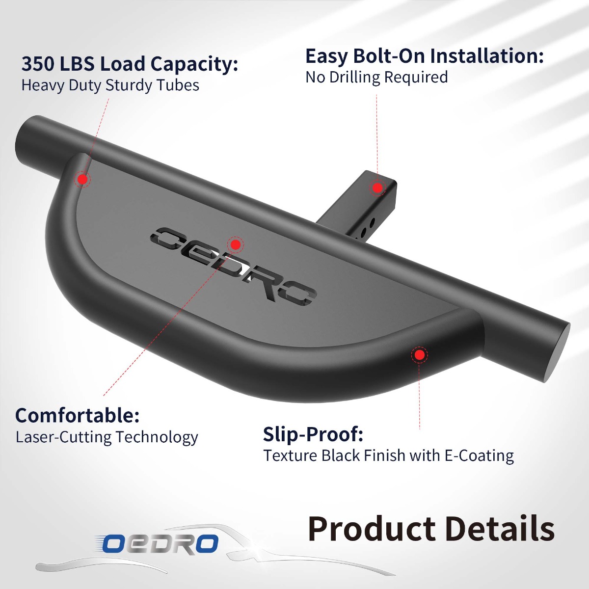 Side view of OEDRO Hitch Step with 2" Hitch Receiver Rear Bumper Guard Protector Upgraded Textured Black Hitch Step Bar