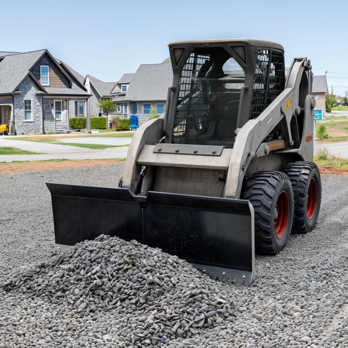 Side view of YITAMOTOR® 74" Hydraulic Skid Steer Dozer Blade, Universal Skid Steer Attachment, Adjustable, Hydraulic Dozer Blade with Spring Shocks for Efficient D