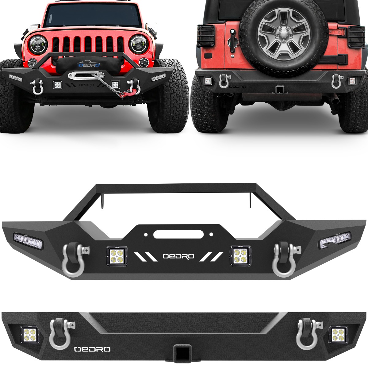 Side view of OEDRO Front Rear Bumper for 2007-2018 Jeep Wrangler JK, with Hitch Receiver & 6 x LED Lights & 2 x D-Rings