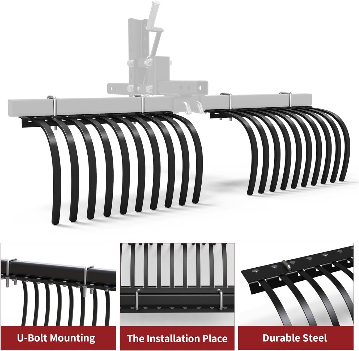 Side view of YITAMOTOR® Landscape Rake Implement for ATV/UTV Removal of Rock Grass Bunches and Debris