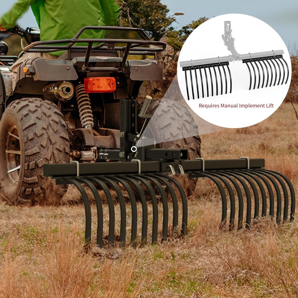 Side view of YITAMOTOR® Landscape Rake Implement for ATV/UTV Removal of Rock Grass Bunches and Debris