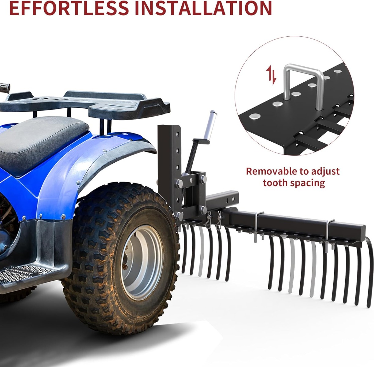 Side view of YITAMOTOR® Landscape Rake Implement for ATV/UTV Removal of Rock Grass Bunches and Debris