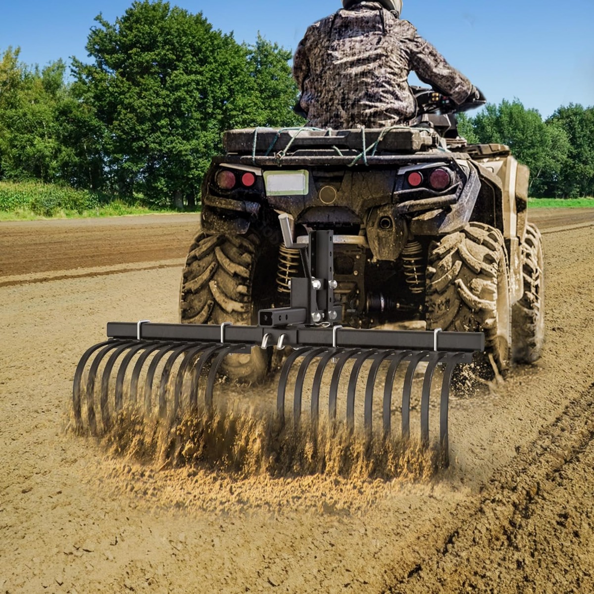 Side view of YITAMOTOR® Landscape Rake Implement for ATV/UTV Removal of Rock Grass Bunches and Debris