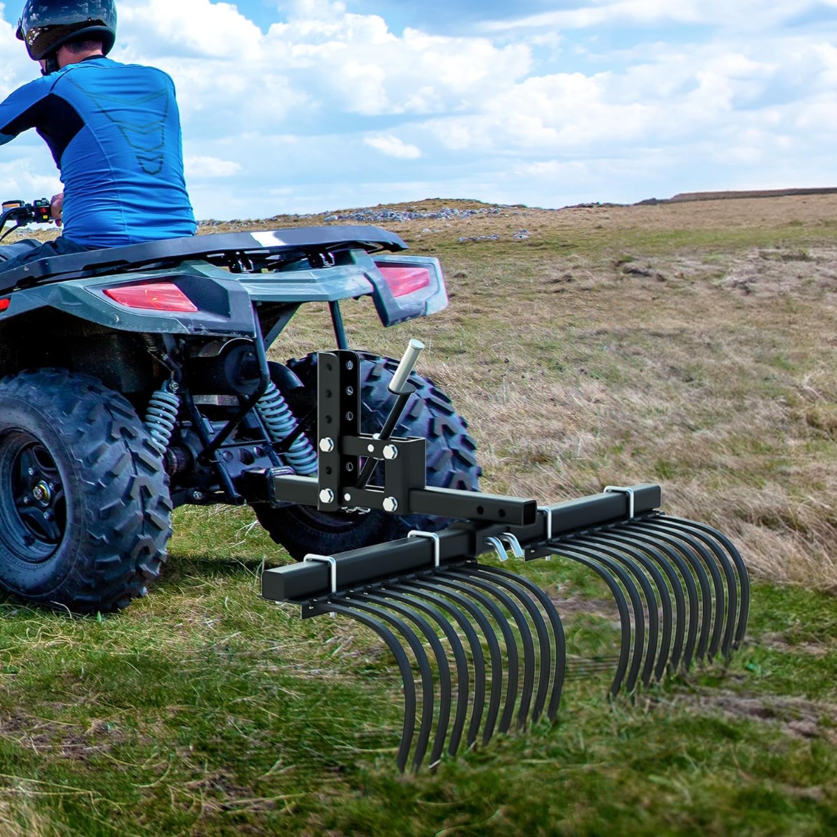Side view of YITAMOTOR® Landscape Rake Implement for ATV/UTV Removal of Rock Grass Bunches and Debris