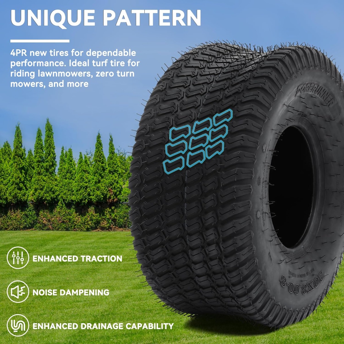 Side view of YITAMOTOR® 20x8.00-8" Lawn Mower Tires, Suitable for Lawnmowers, Motorcycles, Garden Tractors, Golf Carts, and Farm Equipment, 4Ply, Set of 2